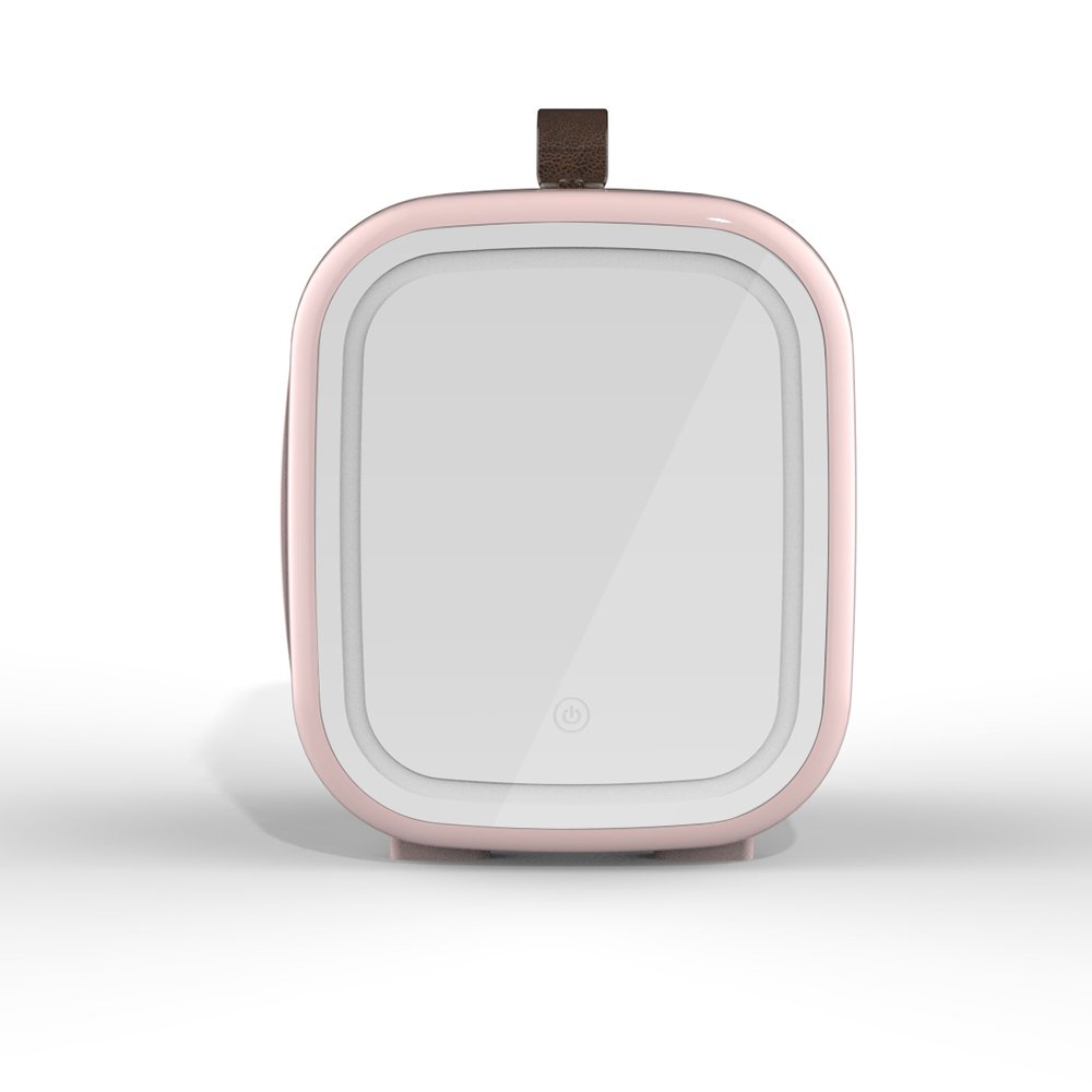 Pink skincare fridge with mirrored door